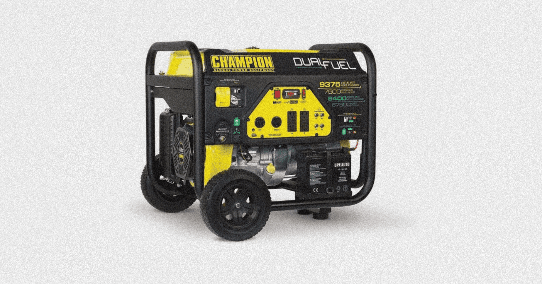 Portable Champion dual-fuel generator on a wheeled frame (yellow and black) for outdoor use or job sites.