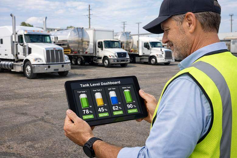 Field worker in a safety vest uses a tablet displaying a Tank Level Dashboard, with fuel trucks in a yard behind him.