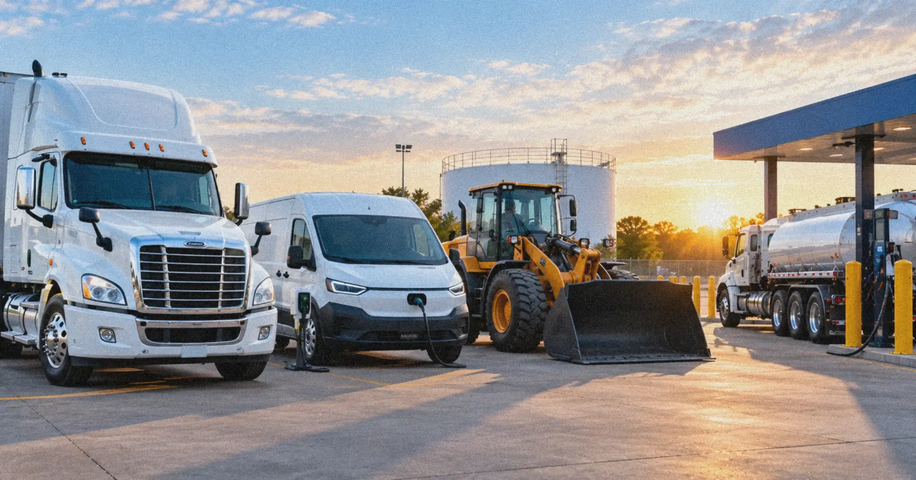 The True Cost of In-House Fueling vs Mobile Fuel Delivery 2 - Fuel Logic Line of white commercial vehicles—semi, van, and tanker—beside a yellow construction loader at a service yard during sunset.