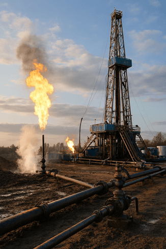 onshore oil and gas drilling rig conducting a gas flare, a process used to safely burn off excess natural gas during production