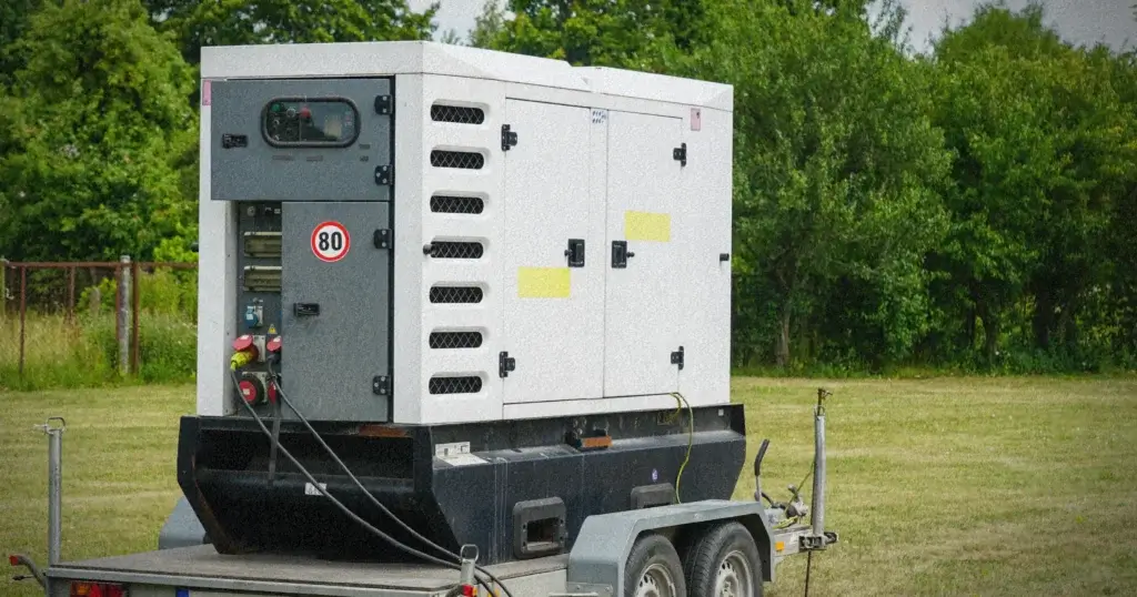 Portable diesel generator on a trailer in a grassy field, with a grey control panel and vented doors.