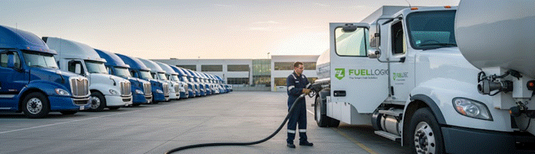 A worker in a dark uniform hoses a fuel truck at a loading facility, with a row of blue trucks parked in the background.