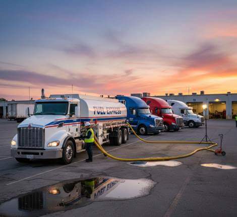 White fuel tanker truck refueling with a yellow hose at a truck yard, a worker in a reflective vest nearby, with several colorful trucks lined up and a sunset backdrop.