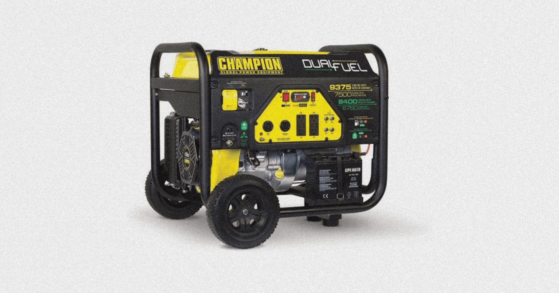 Portable Champion dual-fuel generator on a wheeled frame (yellow and black) for outdoor use or job sites.