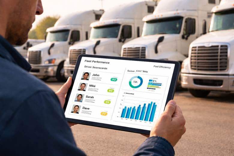 Person holding a tablet showing a fleet performance dashboard with driver profiles and charts, trucks lined up in the background.