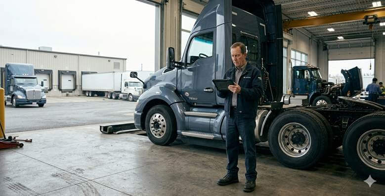 Man in a garage inspecting a blue semi-truck with a tablet in hand.