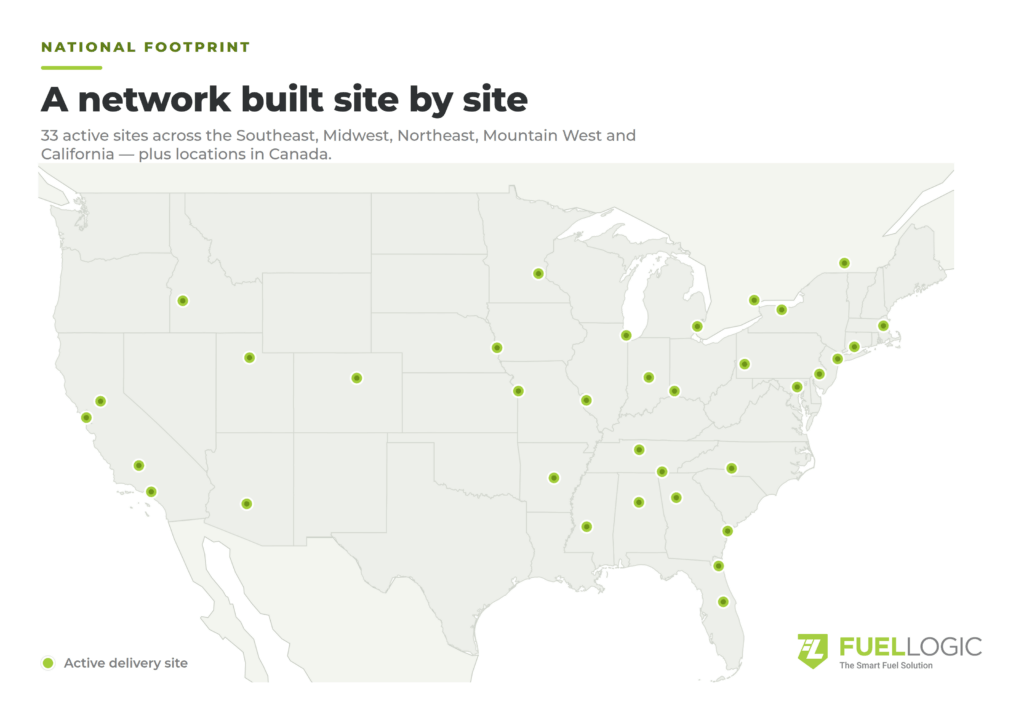 Map of the United States showing active delivery sites marked by green dots across the country, with a legend saying 'Active delivery site' and the FuelLogic logo in the corner.