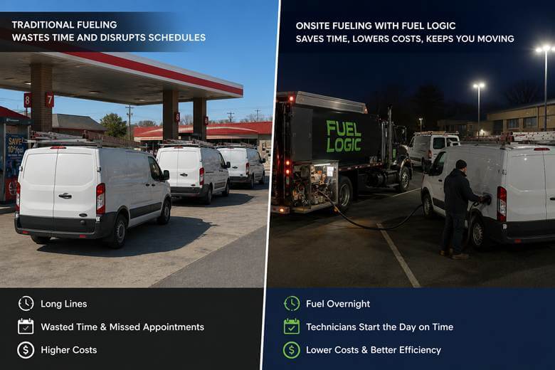 Split infographic: left panel shows long lines at a gas station; right panel shows a night-time on-site fuel truck labeled 'FUEL LOGIC'.
