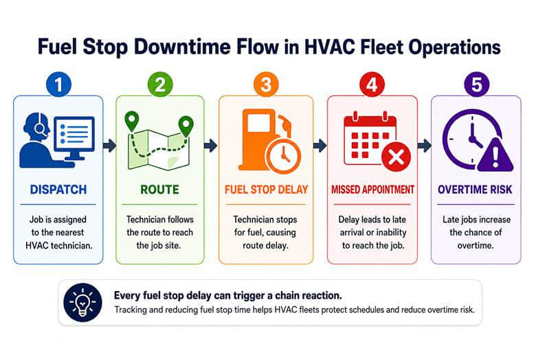 Infographic of five steps in HVAC fleet flow: Dispatch, Route, Fuel Stop Delay, Missed Appointment, Overtime Risk.