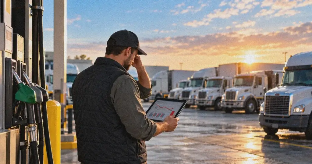 5 Hidden Costs of Poor Fuel Management in Fleets - Fuel Logic A man in a cap and vest checks a tablet with graphs at a truck fueling station during sunset.