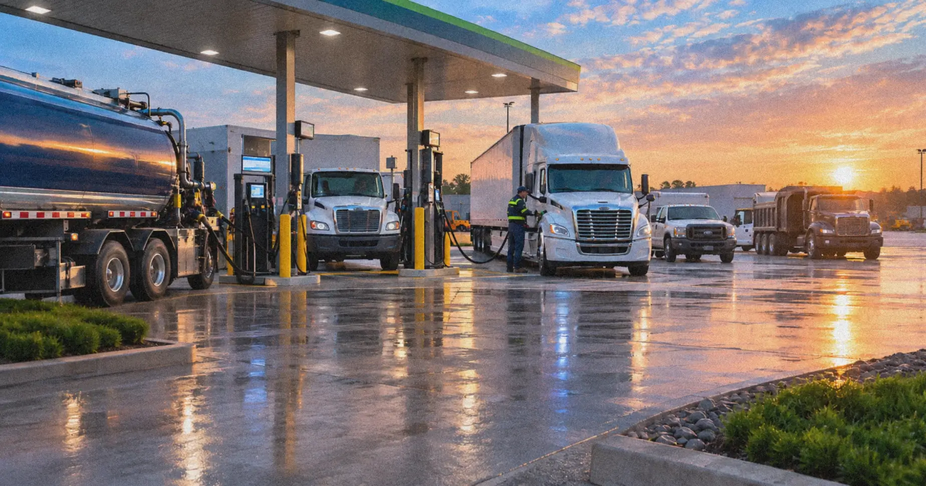 White semi-truck being fueled at a gas station canopy while a worker assists; wet pavement reflects sunset colors.