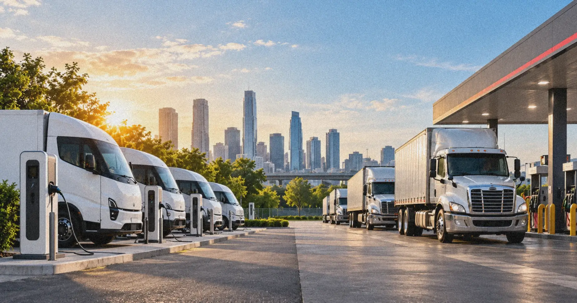 Fleet Electrification vs Diesel Efficiency_ Where Fuel Logic Fits - Fuel Logic Row of white electric delivery vans charging at a station with a city skyline in the background.