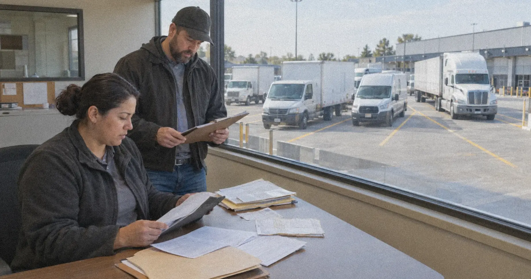 Two coworkers review paperwork at a desk inside an office, with a truck yard visible through the window outside.