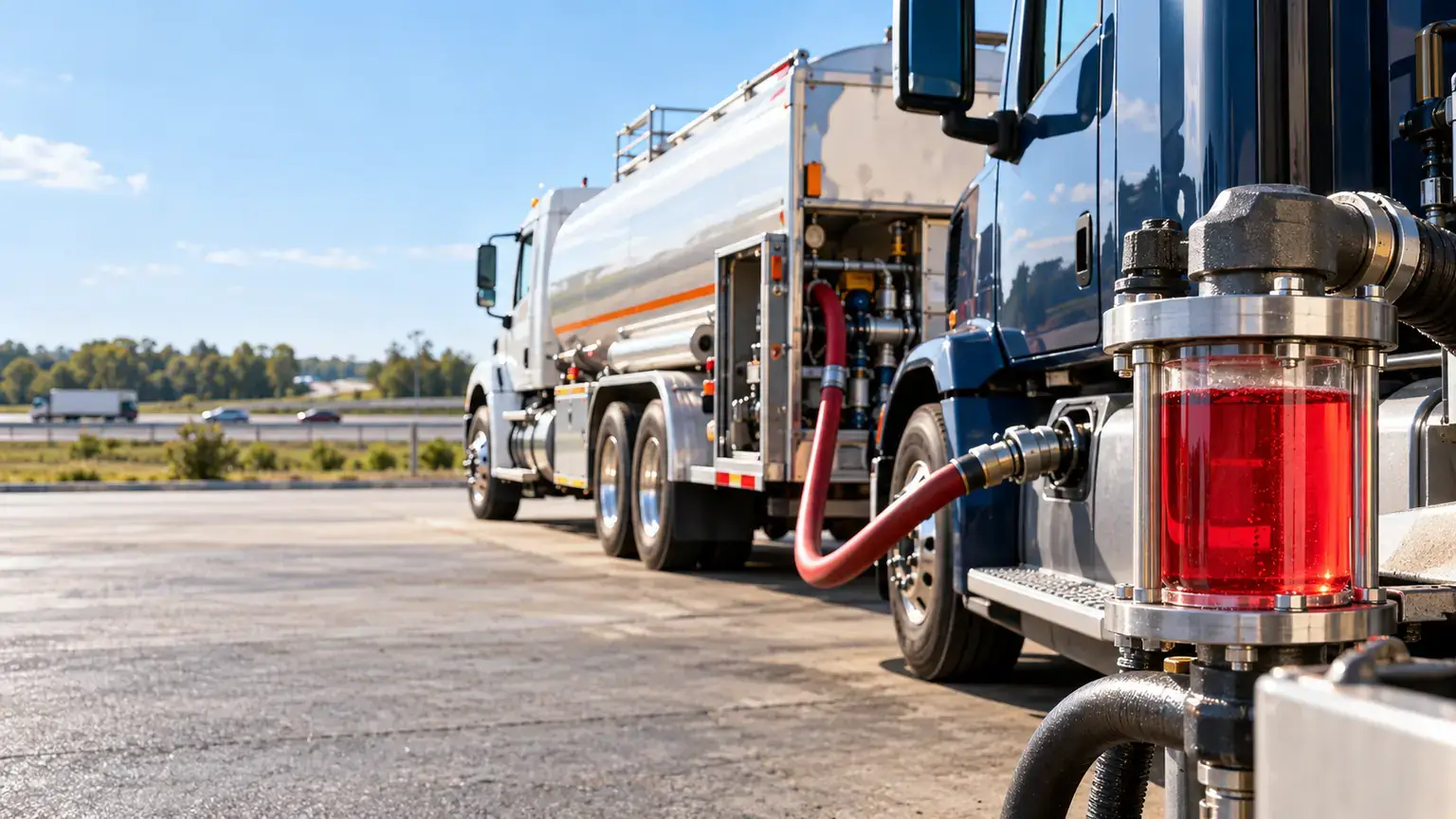 Blue fuel tanker truck connected to a red hose, fueling at a sunny lot.